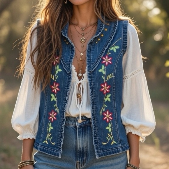 Tantrums Tops - Tantrums Denim Embroidered Floral Vest Size L Boho Y2K Cottagecore